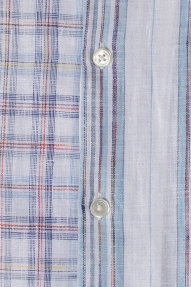 Brand Partner,Stitch Note, Stitch Note White/Blue Half Plaid Half Stripe European Linen Split Body Shirt, White, Small-40-TagS
