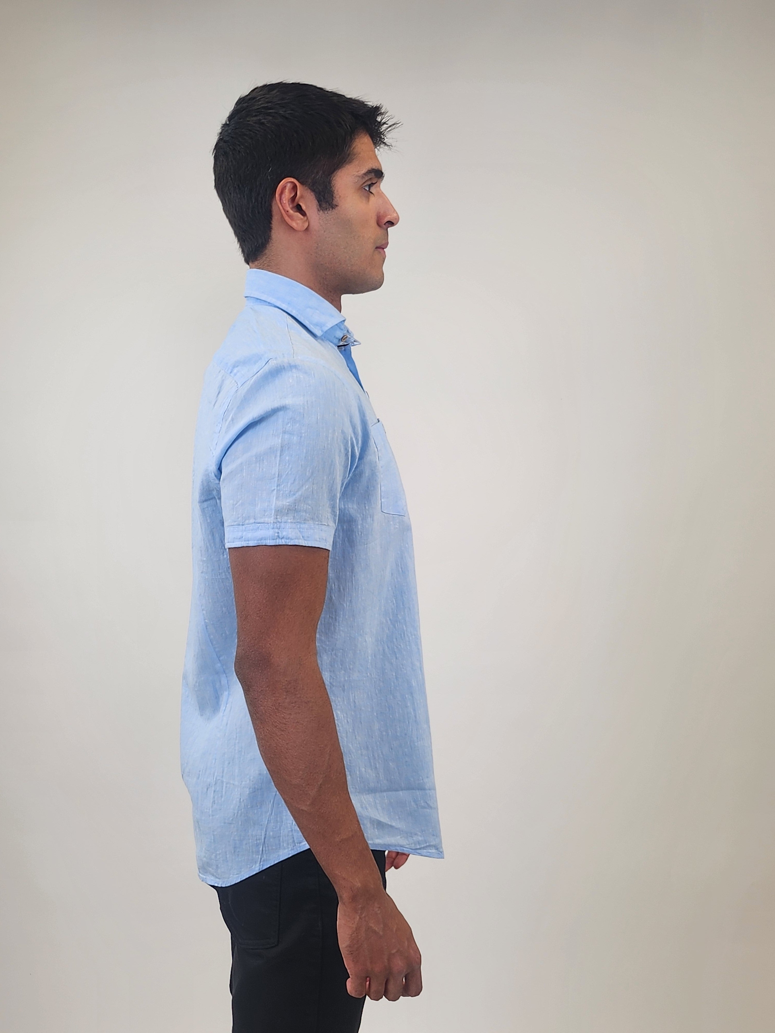 Brand Partner,R2 Amsterdam, R2 Amsterdam Light Blue Short Sleeve Linen/Cotton Blend Shirt, Blue, Medium-42-Tag40