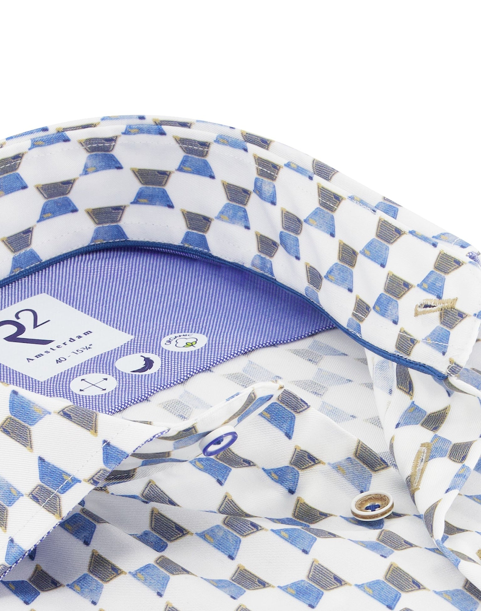 Brand Partner,R2 Amsterdam, R2 Amsterdam White/Blue Buggy-door Print Tencel Shirt, White, Medium-41-Tag39Small-41-Tag39Medium-42-Tag40Medium-44-Tag41Large-47-Tag43Large-45-Tag42