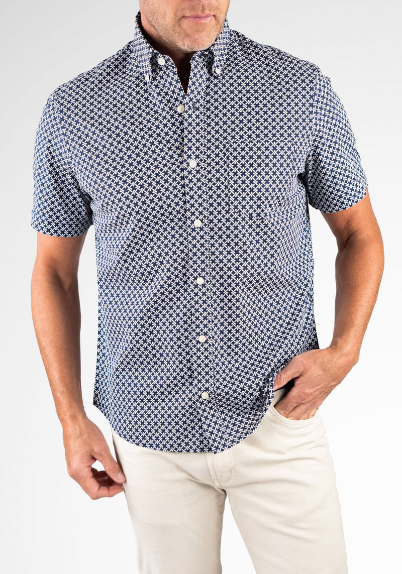 Brand Partner,Tailor Vintage, Tailor Vintage Navy Geo Print Airotec Stretch Poplin Short Sleeve Shirt, Blue, Medium-44-TagMLarge-47-TagLExtra Large-51-TagXLExtra Extra Large-55-TagXXLSmall-41-TagS