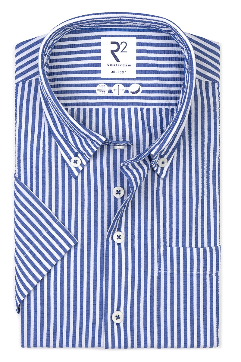 Direct From Brand,R2 Amsterdam, R2 Amsterdam Blue/White Striped Short Sleeve Button Up Shirt, Blue, Medium-43-Tag40Medium-44-Tag41Large-46-Tag42Extra Large-48-Tag43