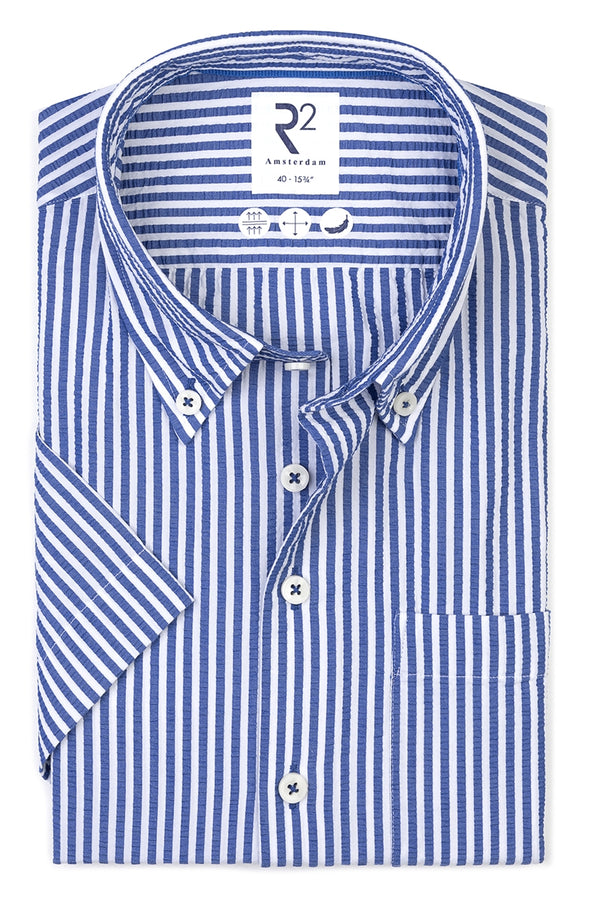 R2 Amsterdam Blue/White Striped Short Sleeve Button Up Shirt