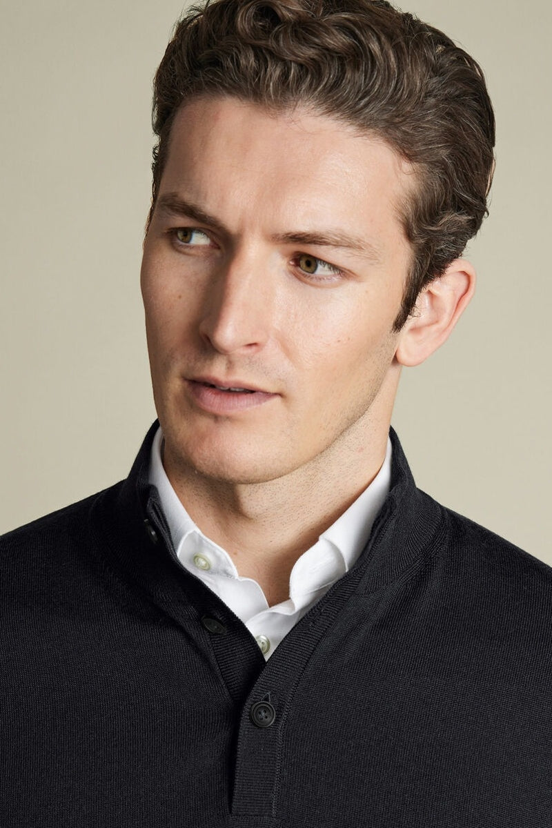Wholesale,Charles Tyrwhitt, Charles Tyrwhitt Black Pure Merino Wool Button Neck Pullover, Black, Small-39-TagS