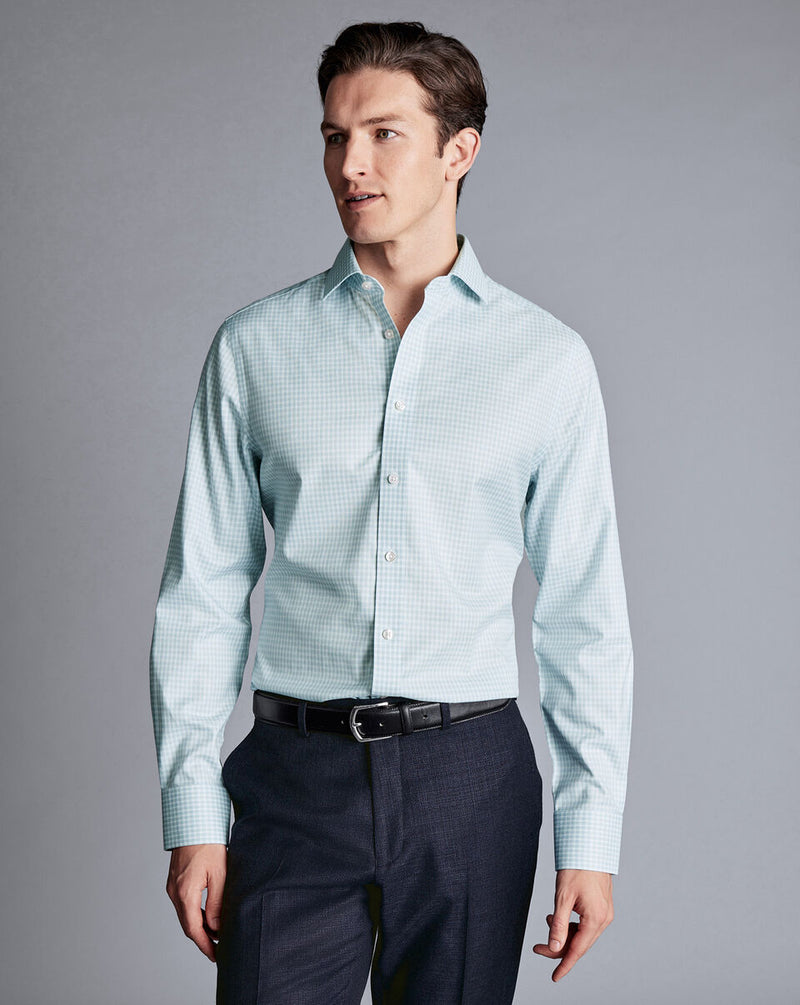 Charles Tyrwhitt Pale Teal Green Double Check Spread Collar Non-Iron Classic Fit Shirt