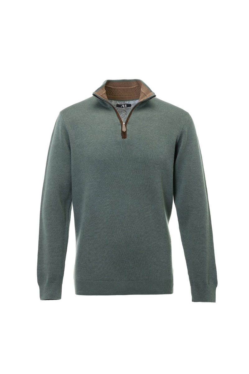 Wholesale,American Heritage, American Heritage Green Trimmed Melange Knit Textured Qtr Zip, Green, Medium-45-TagMLarge-47-TagLExtra Large-49-TagXL