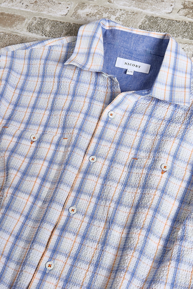 Wholesale,Nicoby Age of Wisdom, Nicoby Age of Wisdom Blue/Orange Plaid Seersucker Shirt, Blue, Medium-45-TagM
