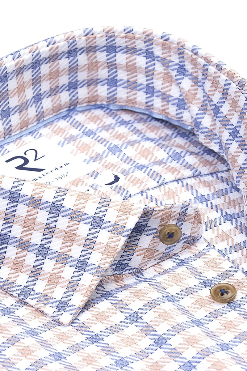 Direct From Brand,R2 Amsterdam, R2 Amsterdam Blue/Beige Checkered Heavy Twill Shirt, Blue, Extra Large-48-Tag43