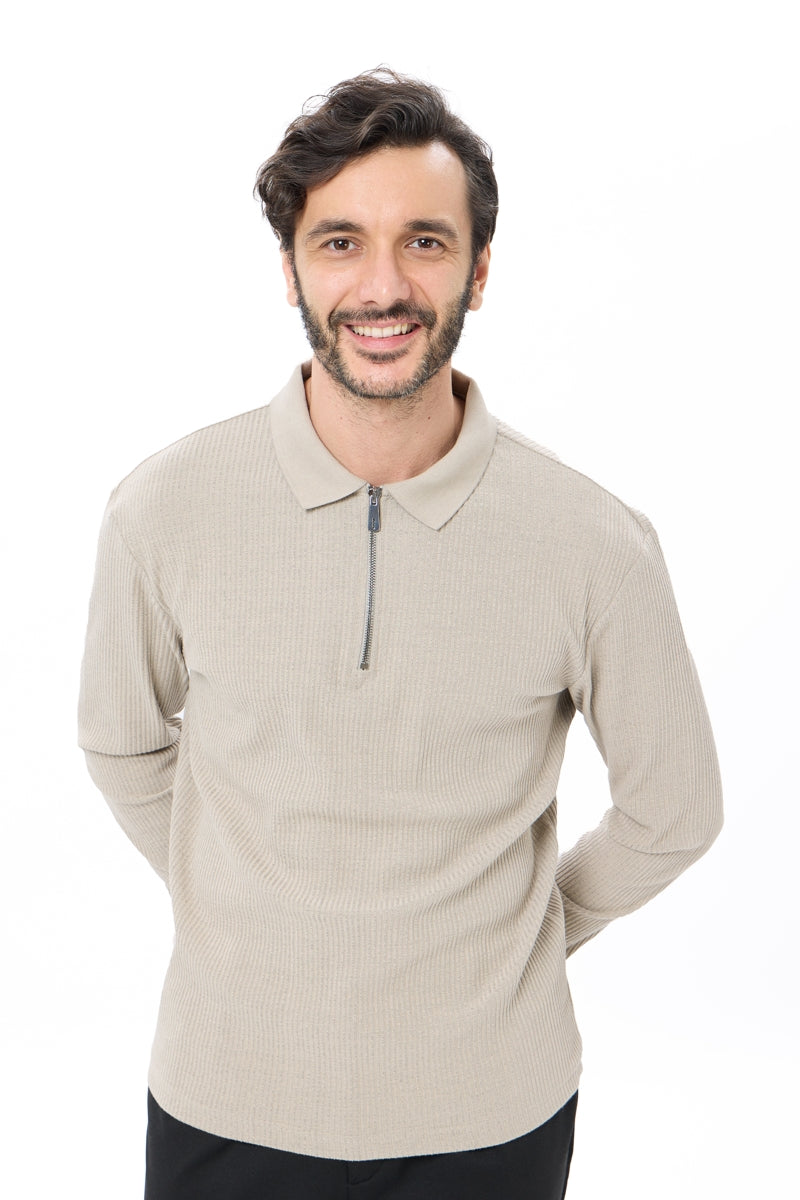 Wholesale,Luchiano Visconti, Luchiano Visconti Oatmeal Melange Knit Qtr Zip Polo, Tan, Medium-43-TagM