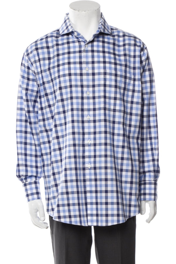 Neiman Marcus Blue/White Plaid Long Sleeve Dress Shirt