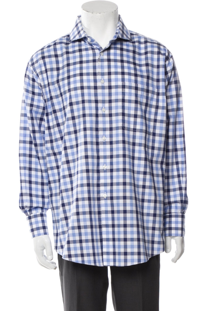 Neiman Marcus Blue/White Plaid Long Sleeve Dress Shirt