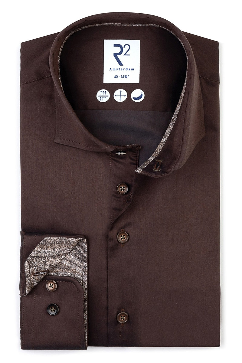 Direct From Brand,R2 Amsterdam, R2 Amsterdam Dark Brown Dress Shirt, Brown, Medium-42-Tag39Extra Extra Large-54-Tag46Medium-44-Tag40