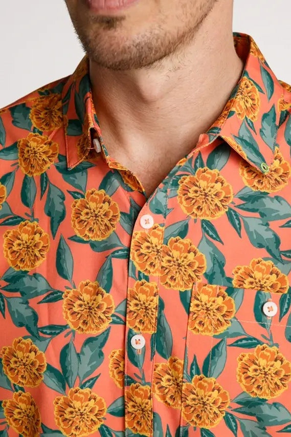 Faire,William Murray Golf, William Murray Golf Orange/Green Tropical Print Short Sleeve Shirt, Orange, Small-42-TagSMedium-44-TagMLarge-46-TagLExtra Large-49-TagXLExtra Extra Large-51-TagXXL