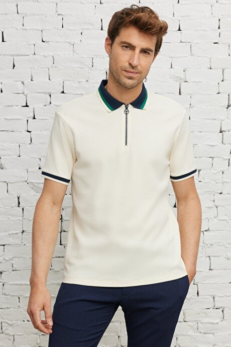 Altinyildiz Classics Cream with Blue Contrast Qtr Zip Knit Polo