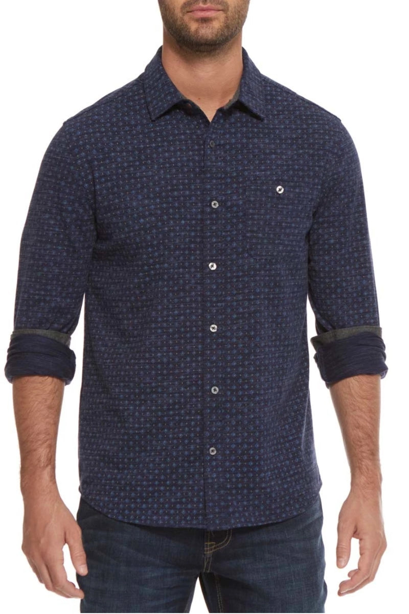 Wholesale,Flag & Anthem, Flag & Anthem Navy Heather Geo Print Knit Performance Long Sleeve Shirt, Blue, Medium-42-TagMLarge-45-TagLExtra Large-48-TagXLExtra Extra Large-52-TagXXL