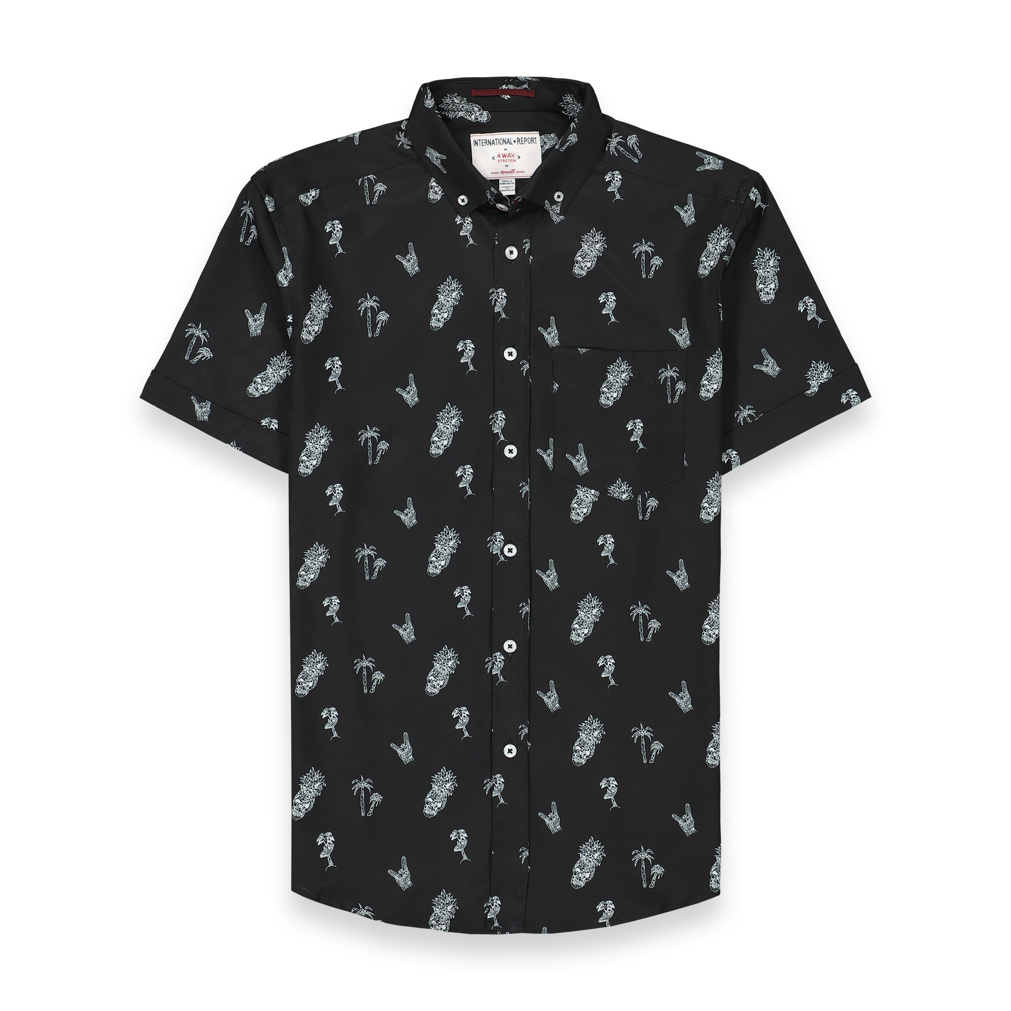 Brand Partner,International Report, International Report Black Skull & Palm Print Short Sleeve Button Up, Black, Small-41-TagS