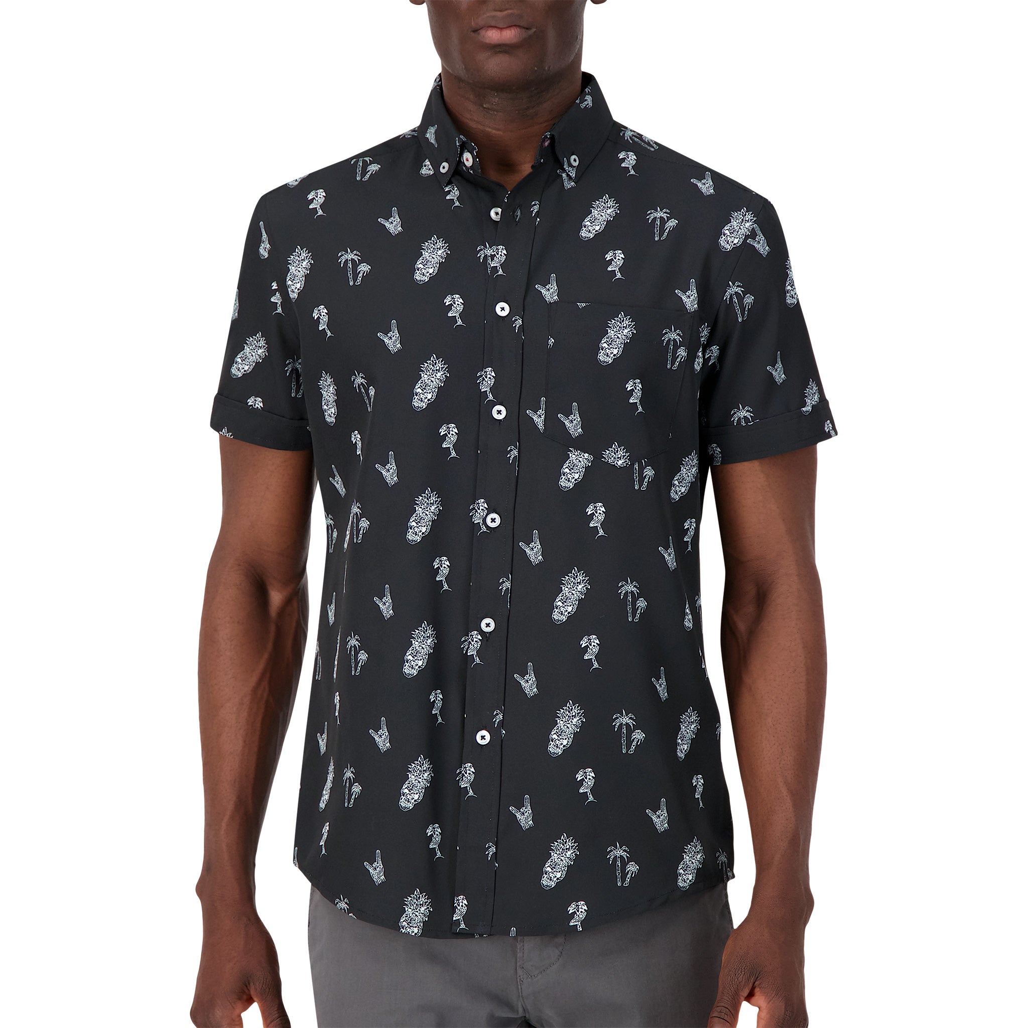 Brand Partner,International Report, International Report Black Skull & Palm Print Short Sleeve Button Up, Black, Small-41-TagS