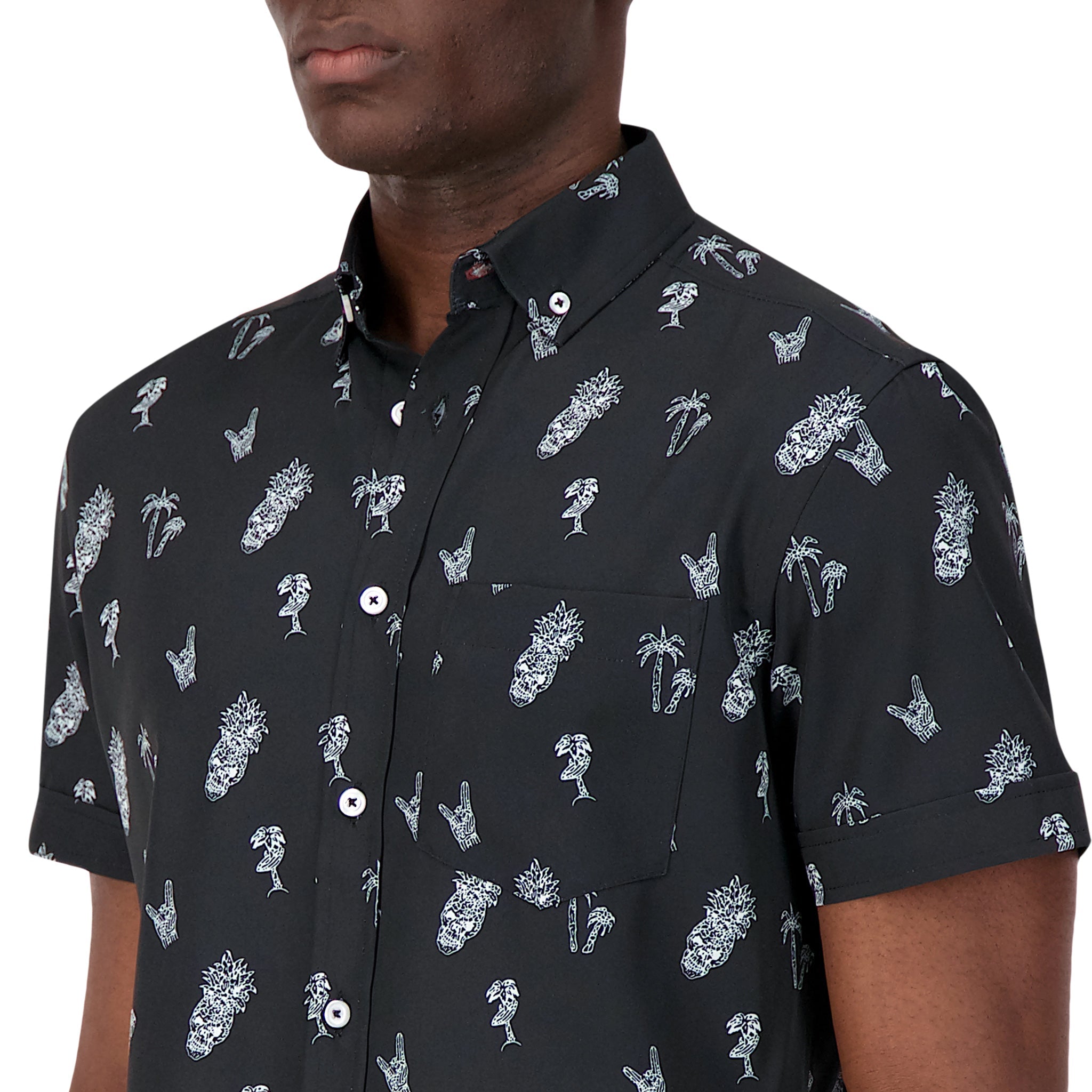 Brand Partner,International Report, International Report Black Skull & Palm Print Short Sleeve Button Up, Black, Small-41-TagS