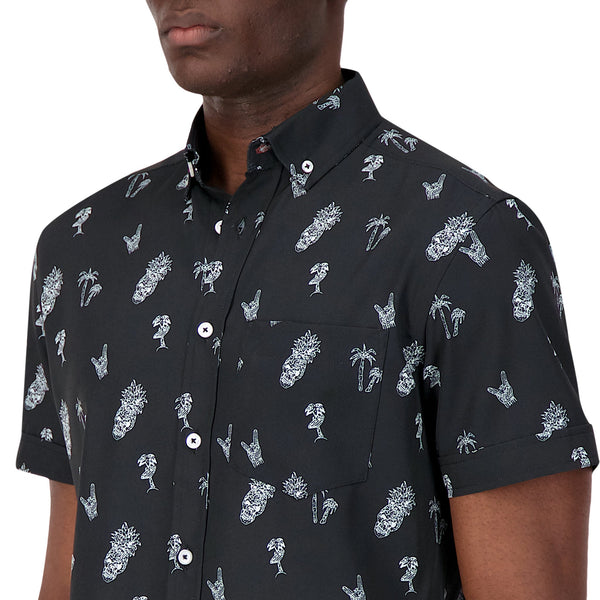 International Report Black Skull & Palm Print Short Sleeve Button Up