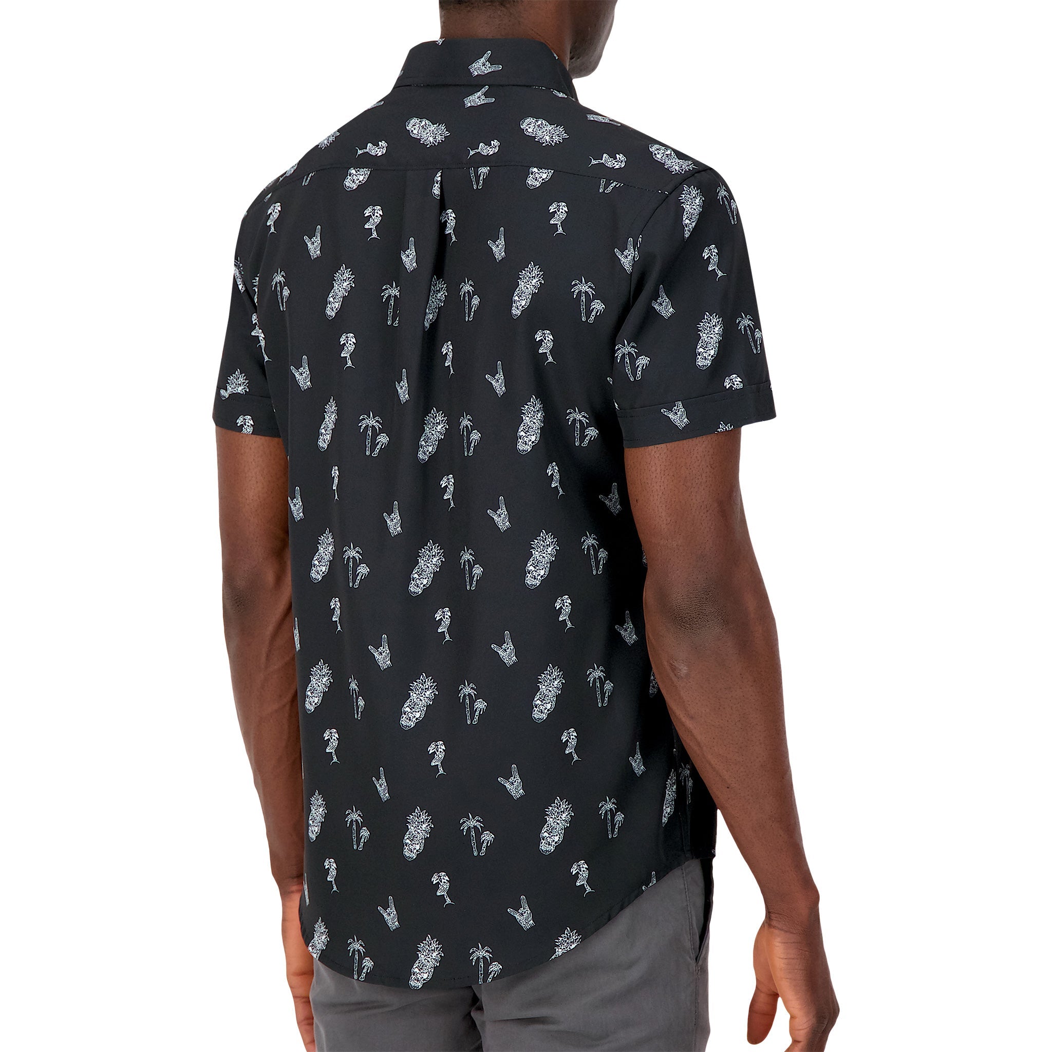 Brand Partner,International Report, International Report Black Skull & Palm Print Short Sleeve Button Up, Black, Small-41-TagS
