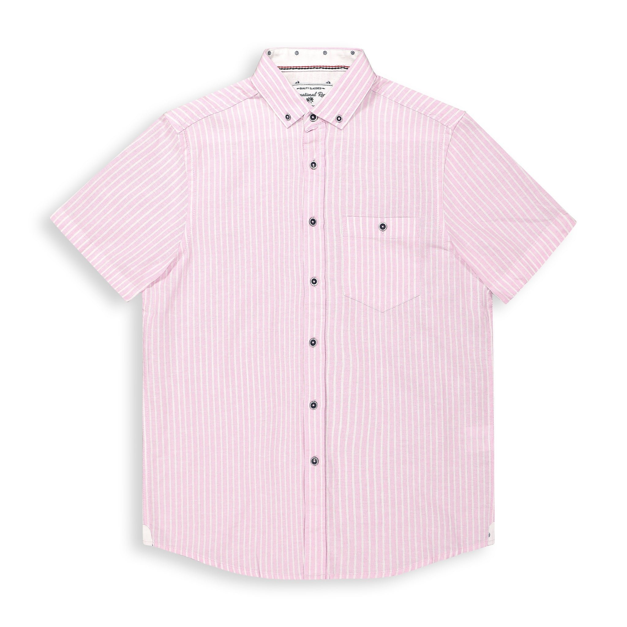 Brand Partner,International Report, International Report Pink Striped Linen Short Sleeve Button Up, Pink, Small-40-TagS