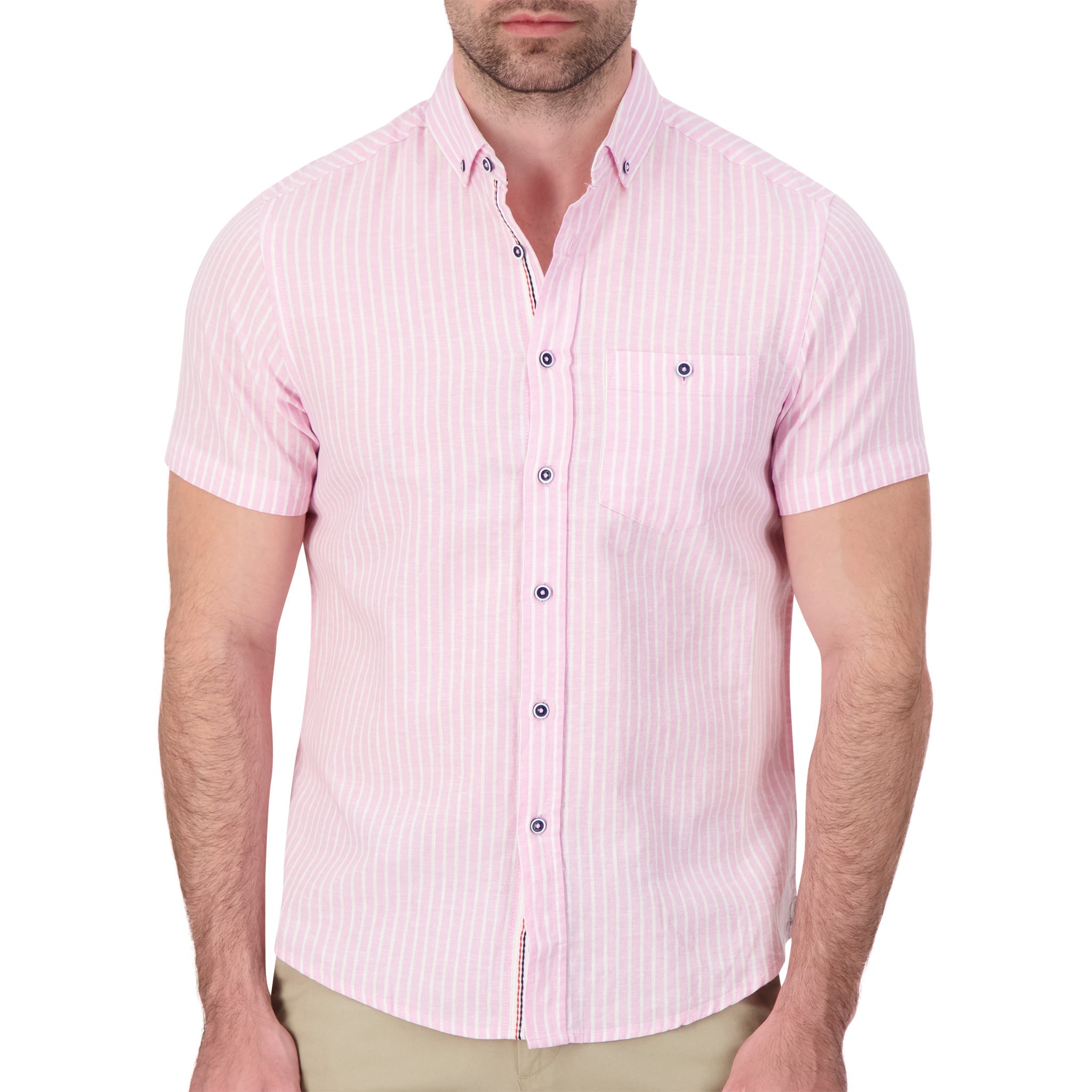 Brand Partner,International Report, International Report Pink Striped Linen Short Sleeve Button Up, Pink, Small-40-TagS