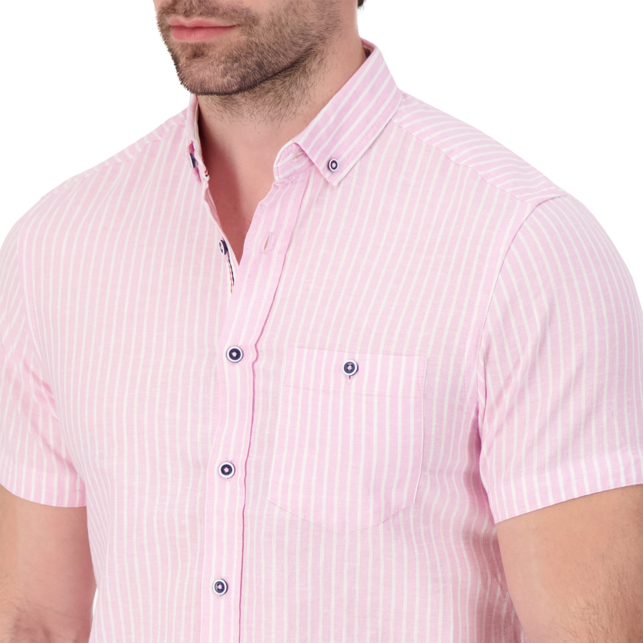 Brand Partner,International Report, International Report Pink Striped Linen Short Sleeve Button Up, Pink, Small-40-TagS