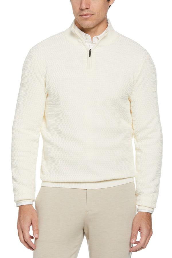 Perry Ellis Cream Ribbed Textured Qtr Zip Pullover