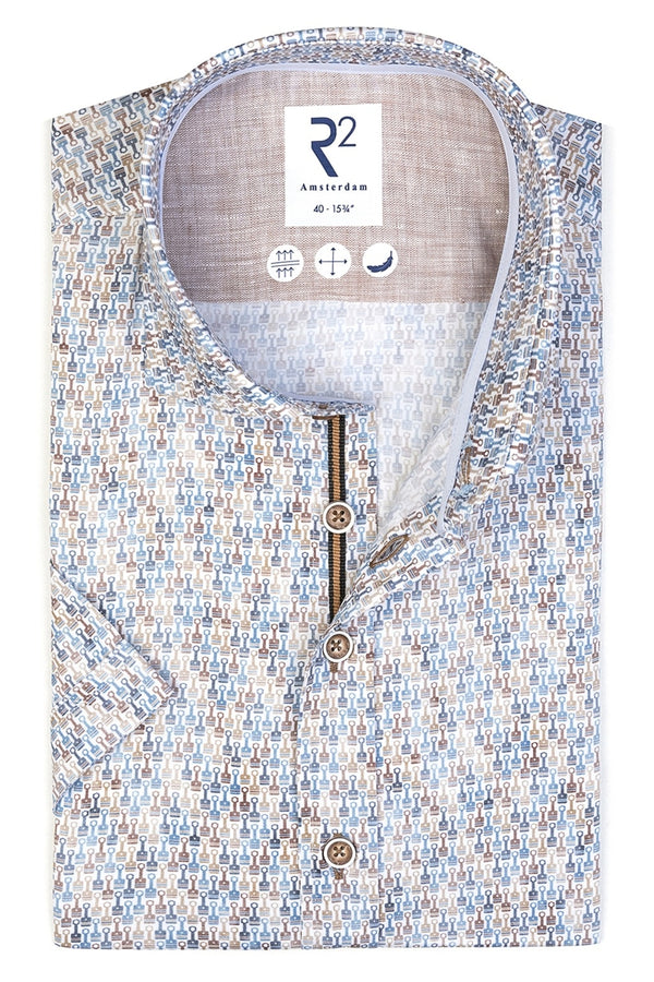 R2 Amsterdam Blue Multi Car Cylinder Print Poplin Shirt
