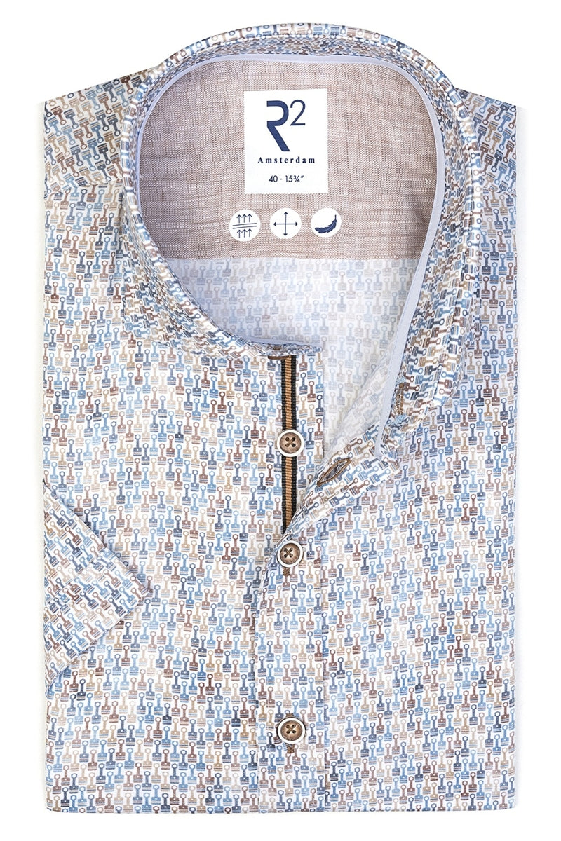 Direct From Brand,R2 Amsterdam, R2 Amsterdam Blue Multi Car Cylinder Print Poplin Shirt, Blue, Extra Large-48-Tag43