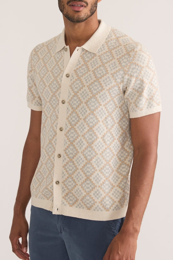 Wholesale,Marine Layer, Marine Layer Oatmeal Geo  Short Sleeve Sweater Shirt, Tan, Small-42-TagS