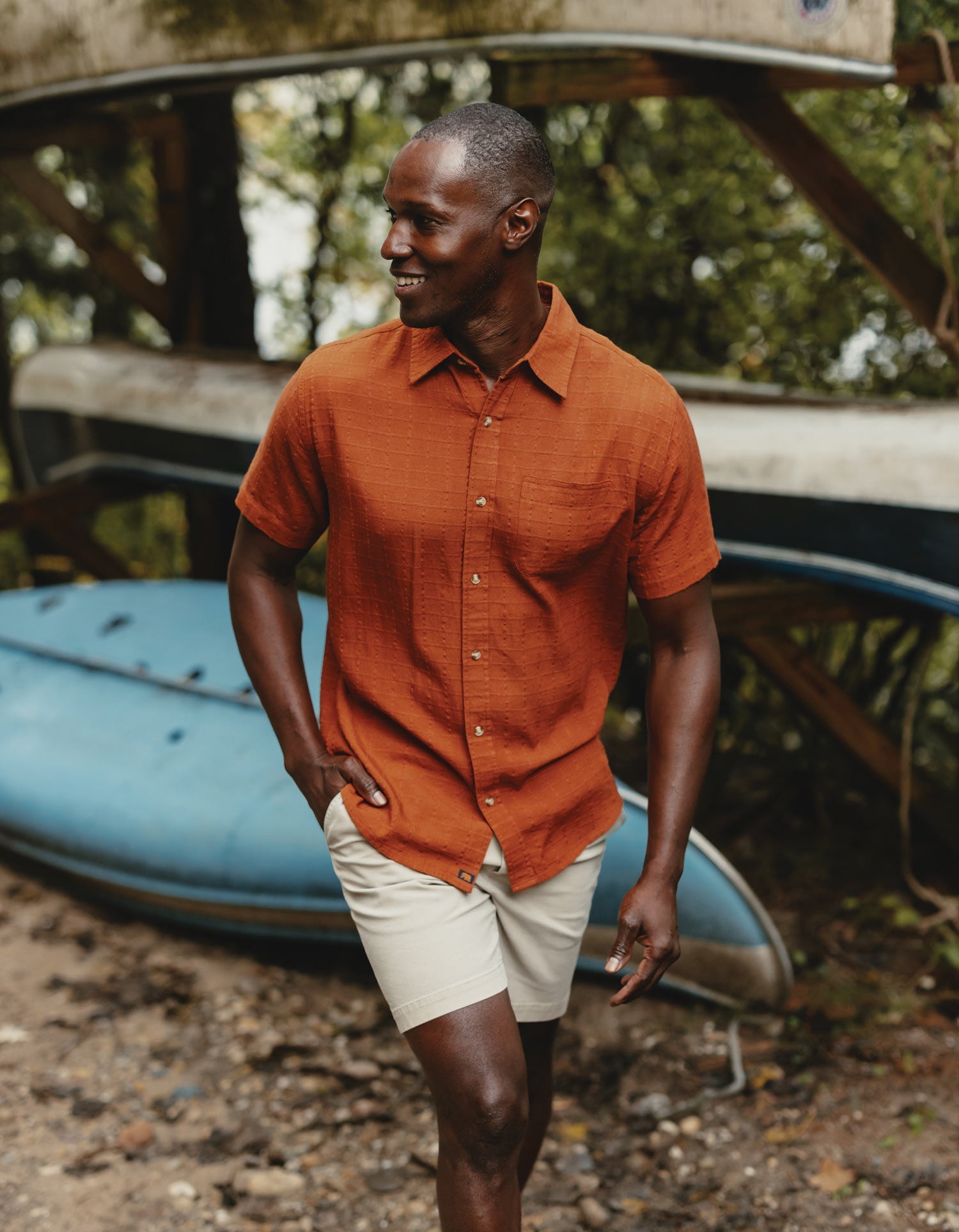 Wholesale,The Normal Brand, The Normal Brand Dark Ginger Stripe Freshwater Short Sleeve Button Up Shirt, Brown, Small-41-TagS