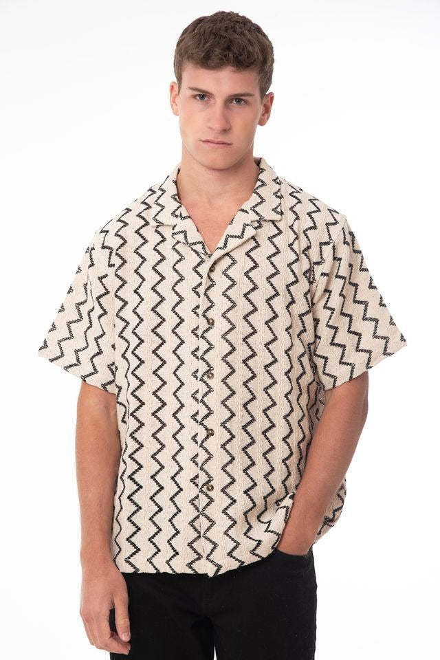 Wholesale,NOLS, NOLS Beige with Black Zigzag Stripe Textured Weave Shirt, Tan, Extra Large-51-TagXL