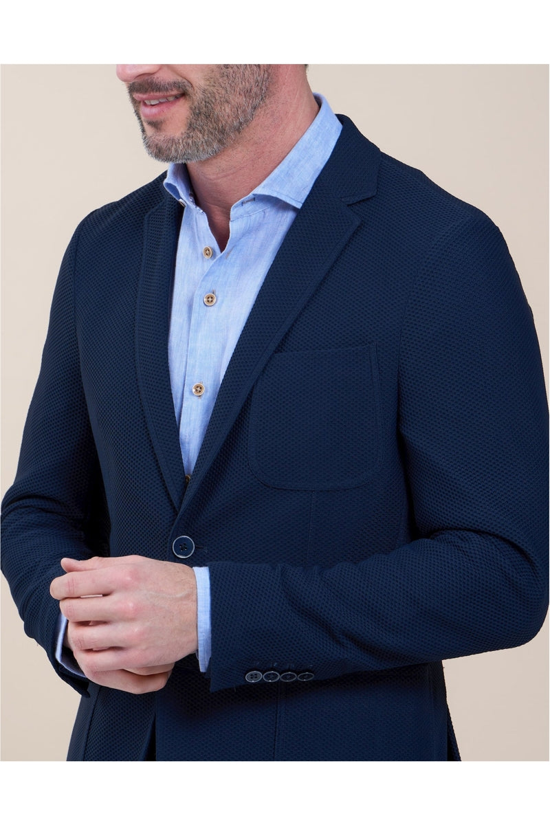 Direct From Brand,R2 Amsterdam, R2 Amsterdam Navy Textured Stretch Travel Blazer, Blue, Medium-40-Tag50