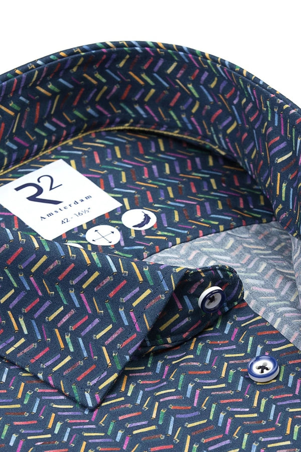 R2 Amsterdam Navy Multi Bicycle Battery Print Poplin Shirt