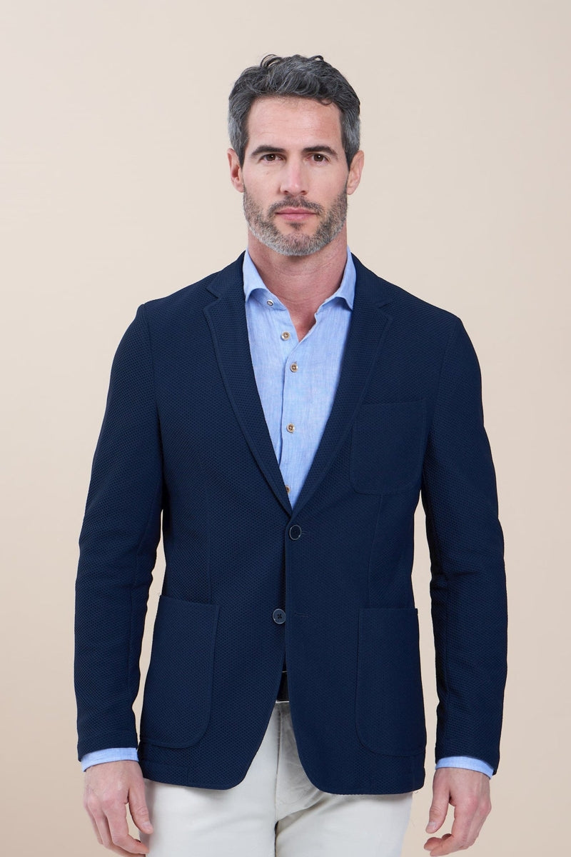 Direct From Brand,R2 Amsterdam, R2 Amsterdam Navy Textured Stretch Travel Blazer, Blue, Large-42-Tag54
