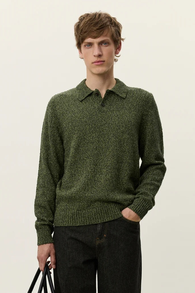 Wholesale,Les Deux, Les Deux Olive Two-tone Mouliné Slub Yarn Textured Knitted Polo, Green, Extra Large-52-TagXL