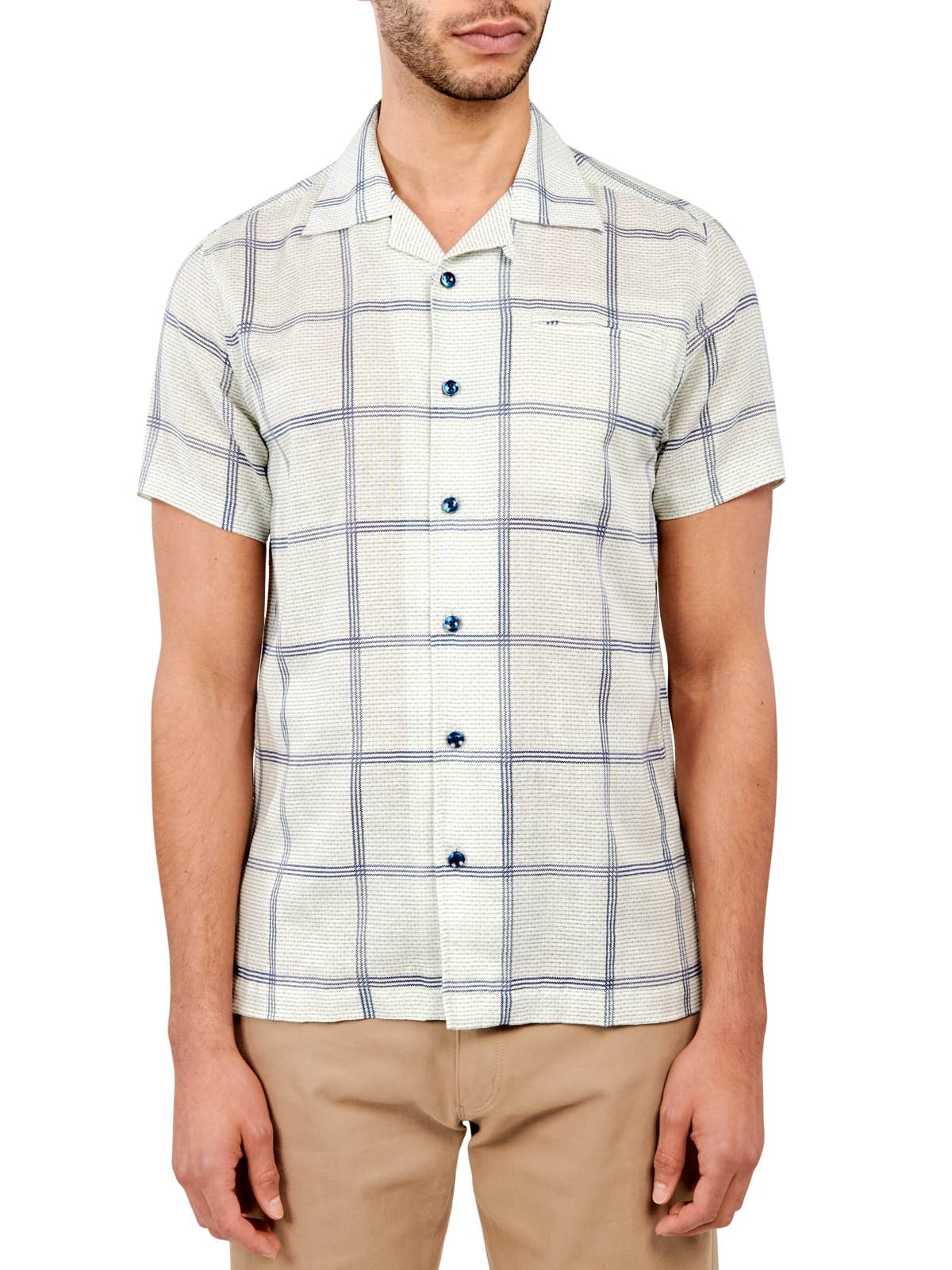 Faire,Brooklyn Brigade, Brooklyn Brigade Green/Blue Textured Check Cotton/Linen Blend Short Sleeve Shirt, Green, Small-40-TagS