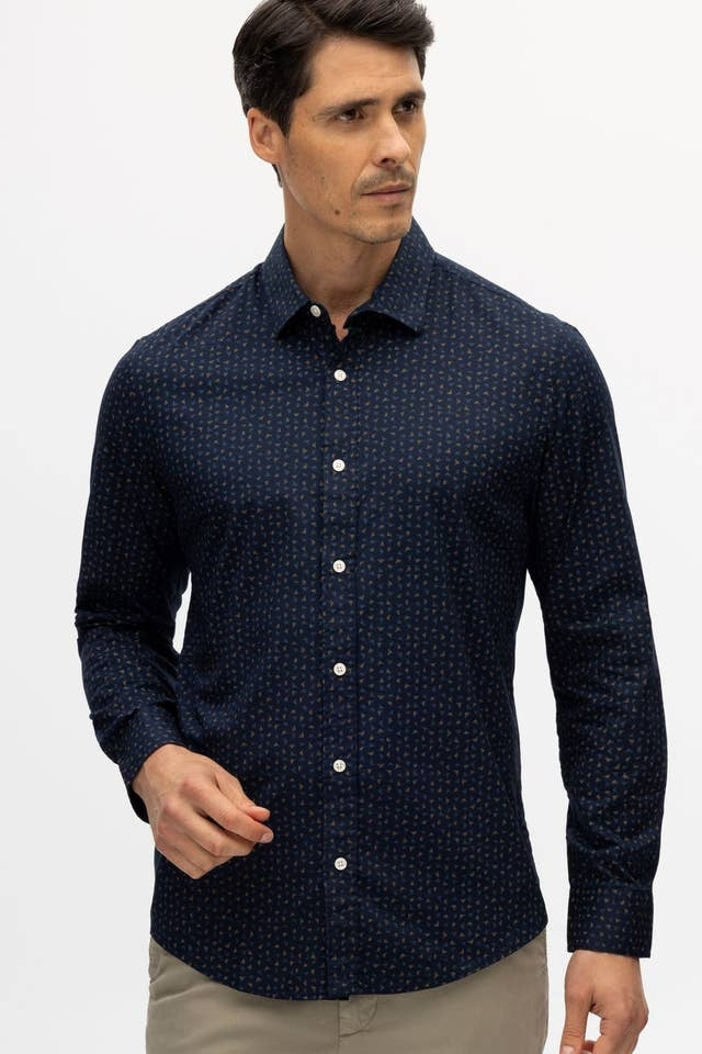 Faire,Julian & Mark, Julian & Mark Navy Printed Stretch Long Sleeve Shirt, Blue, Small-40-TagS