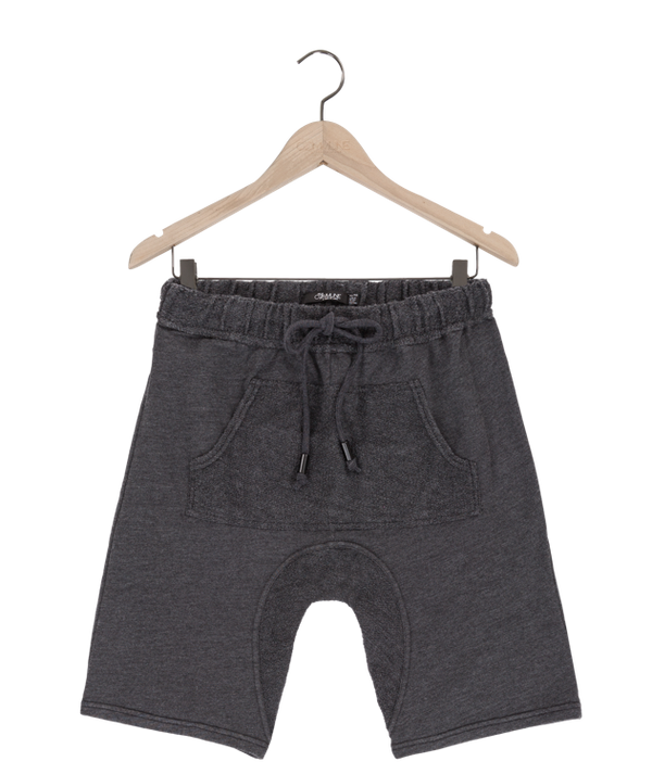 Reese De Luca Charcoal French Terry Shorts with Drawstring and Kangaroo Pocket