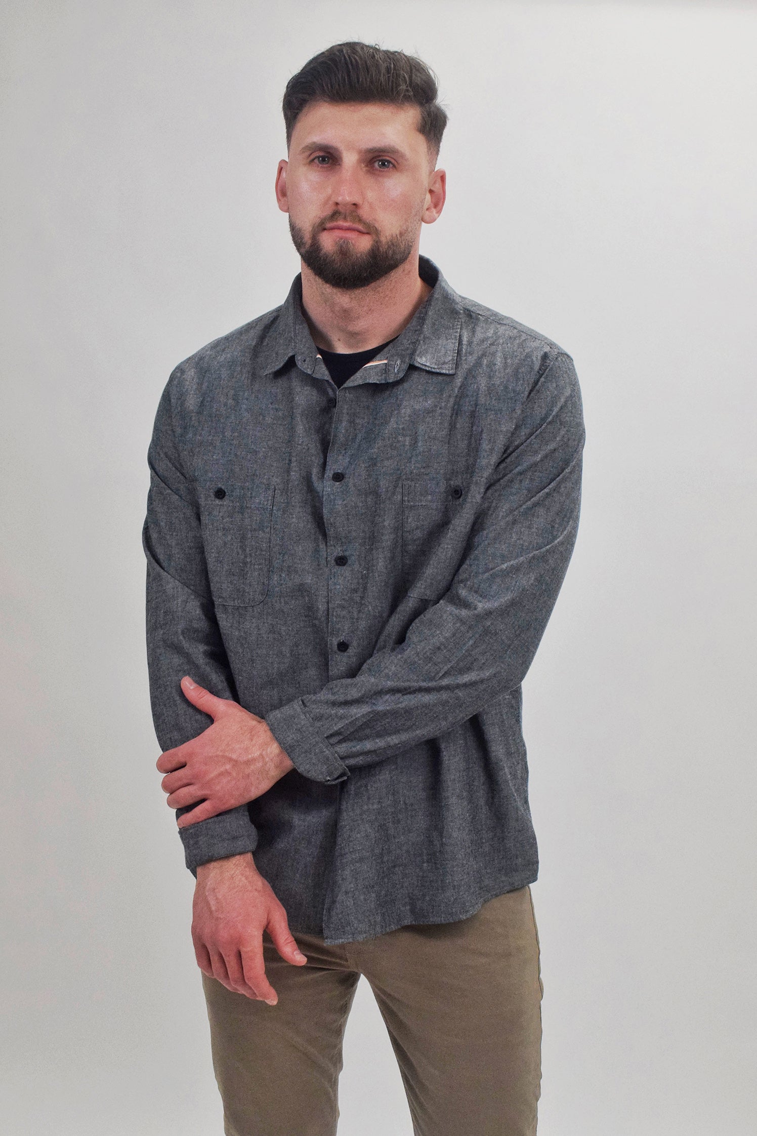 The RealReal,Sunspel, Sunspel Dark Grey Long Sleeve Button Up Shirt With Double Chest Pockets, Grey, Extra Extra Large-51-TagXXL