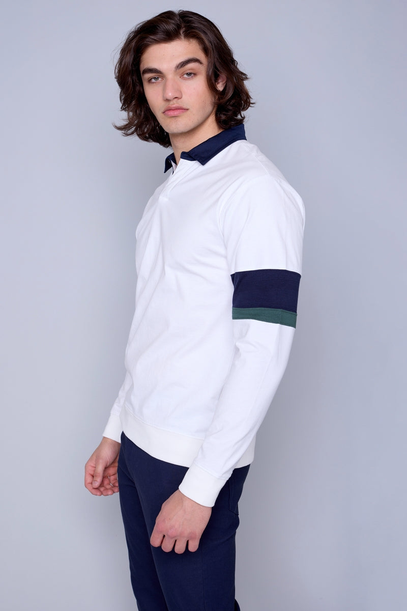 Wholesale,HEDGE, HEDGE White Knit Polo with Navy Contrast, White, Medium-42-TagM