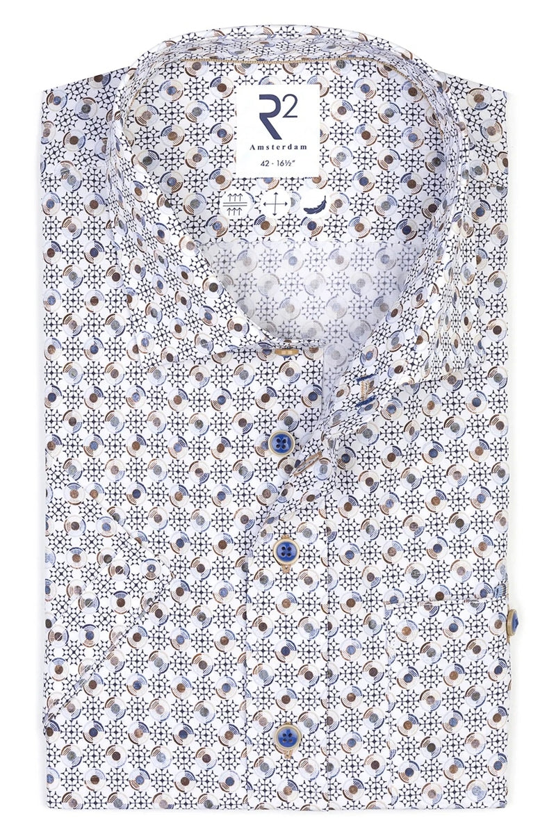 Direct From Brand,R2 Amsterdam, R2 Amsterdam Navy/Beige/White Multi Geo Print Poplin Shirt, Blue, Medium-42-Tag39Large-46-Tag42Extra Large-48-Tag43