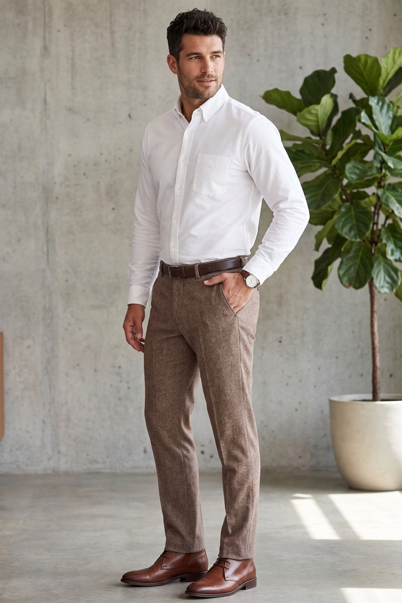 Faire,Guide London, Guide London Brown Twill Textured Wool Blend Pants, Brown, 30W-32L-Tag3032W-32L-Tag3234W-32L-Tag34