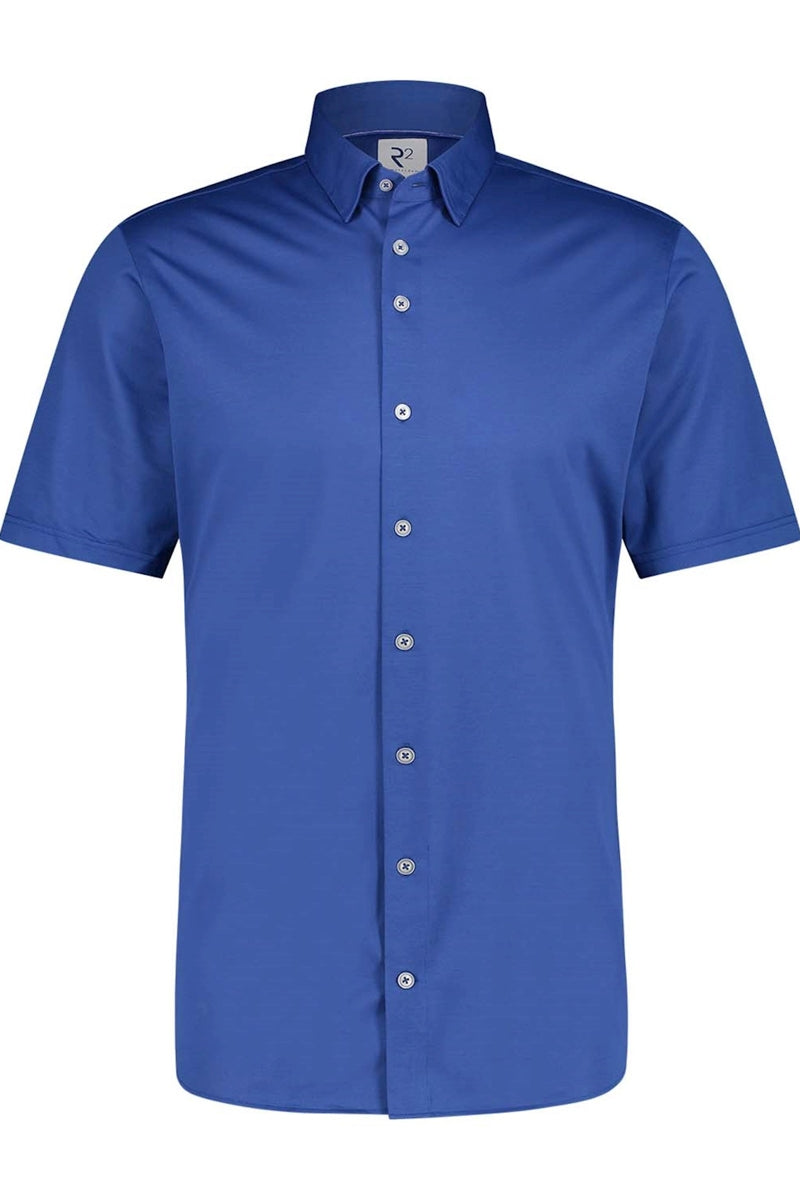 Direct From Brand,R2 Amsterdam, R2 Amsterdam Royal Blue Knitted Pique Short Sleeve Shirt, Blue, Medium-42-Tag40