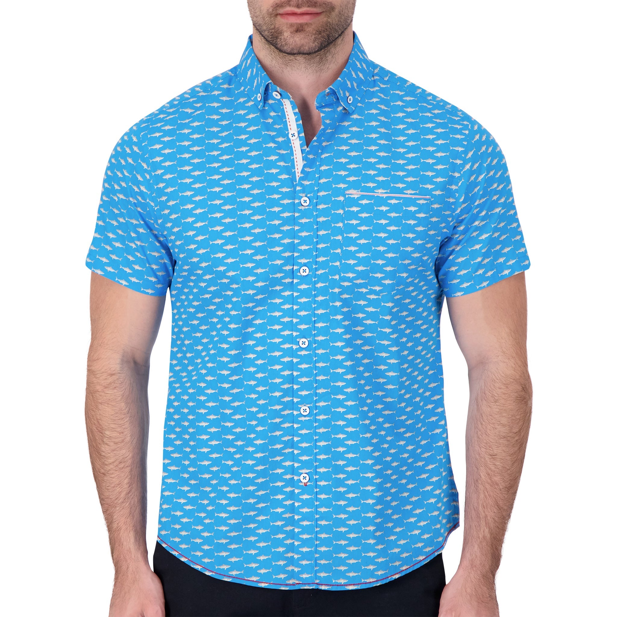 Brand Partner,International Report, International Report Bright Blue Shark Print Shirt, Blue, Small-41-TagS