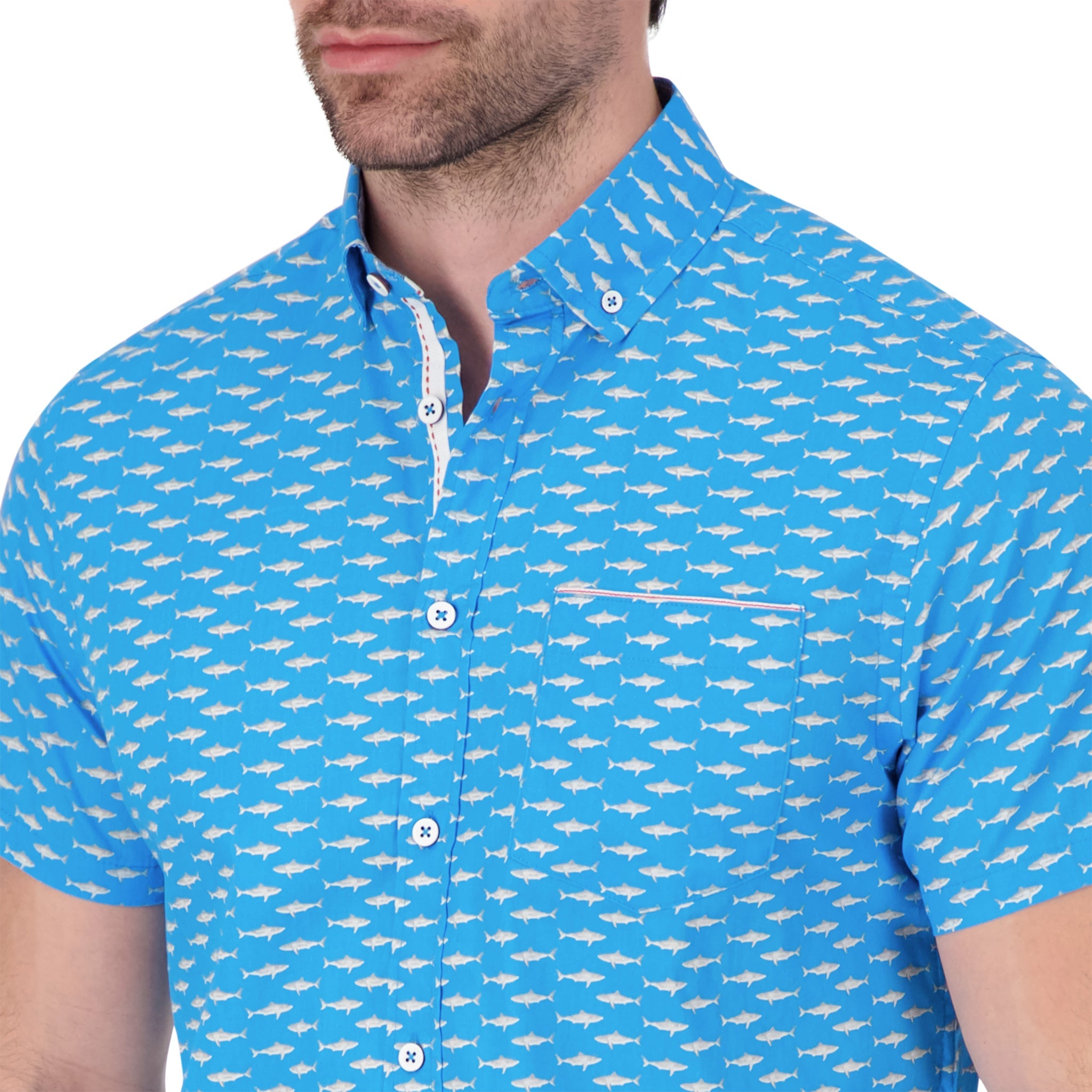 Brand Partner,International Report, International Report Bright Blue Shark Print Shirt, Blue, Small-41-TagS