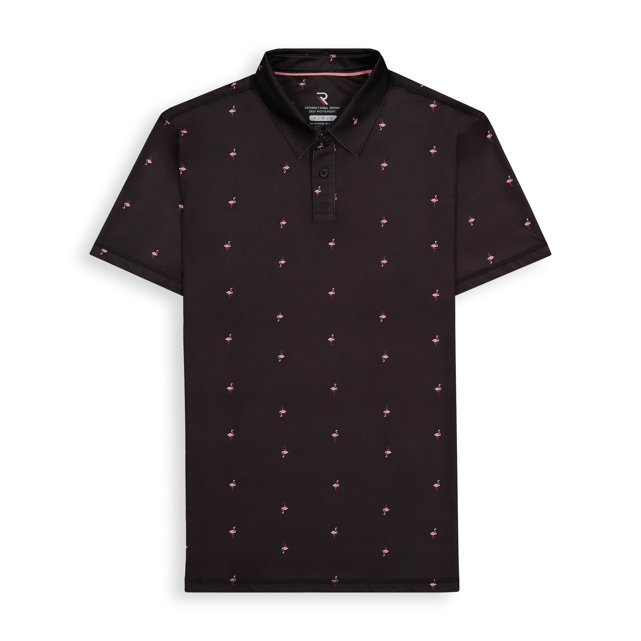Brand Partner,International Report, International Report Black Flamingo Print Performance Polo, Black, Medium-44-TagM