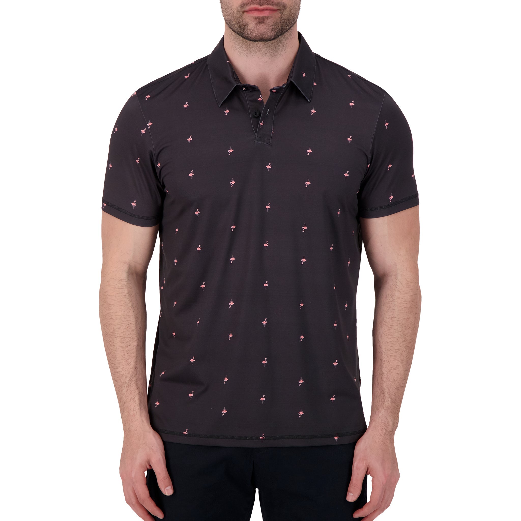Brand Partner,International Report, International Report Black Flamingo Print Performance Polo, Black, Medium-44-TagM