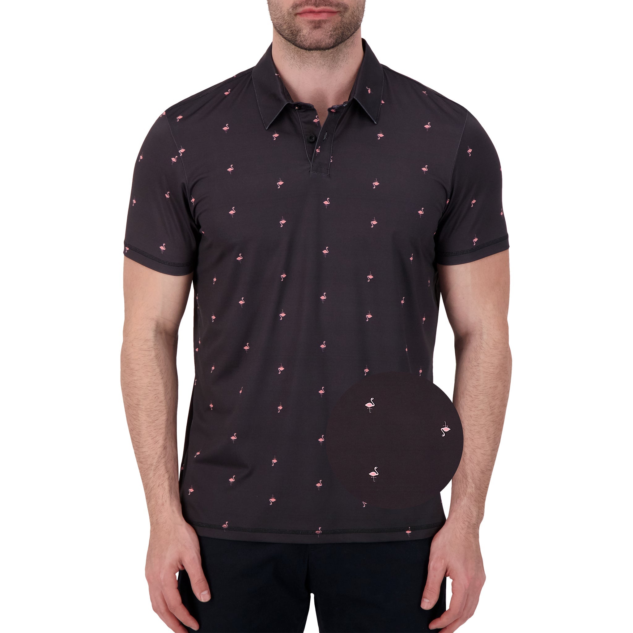 Brand Partner,International Report, International Report Black Flamingo Print Performance Polo, Black, Medium-44-TagM