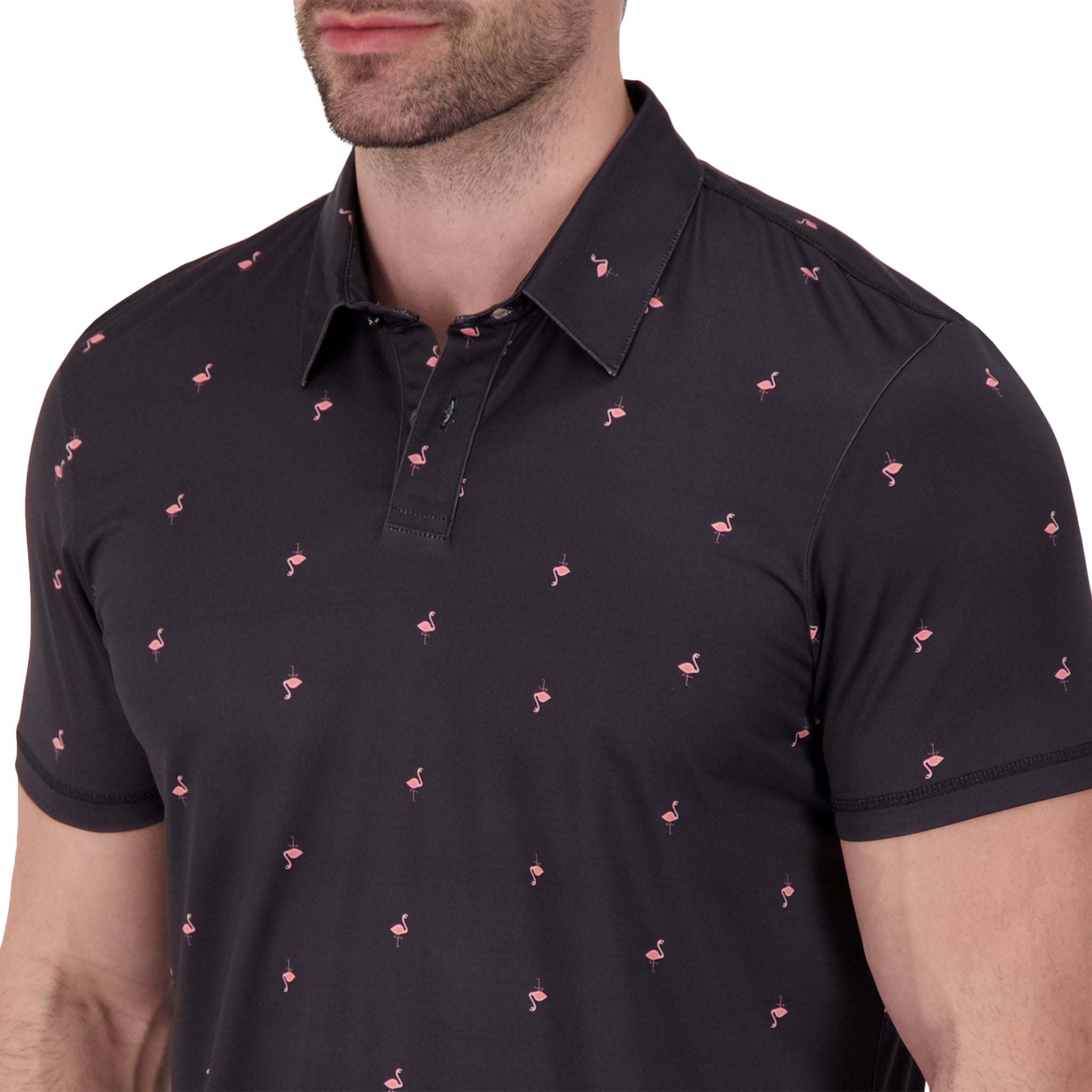 Brand Partner,International Report, International Report Black Flamingo Print Performance Polo, Black, Medium-44-TagM
